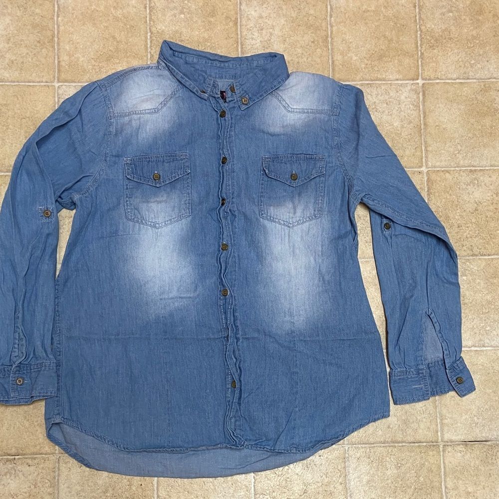 Say What? 💯% Cotton Men's Faded Blue Denim Shirt XL